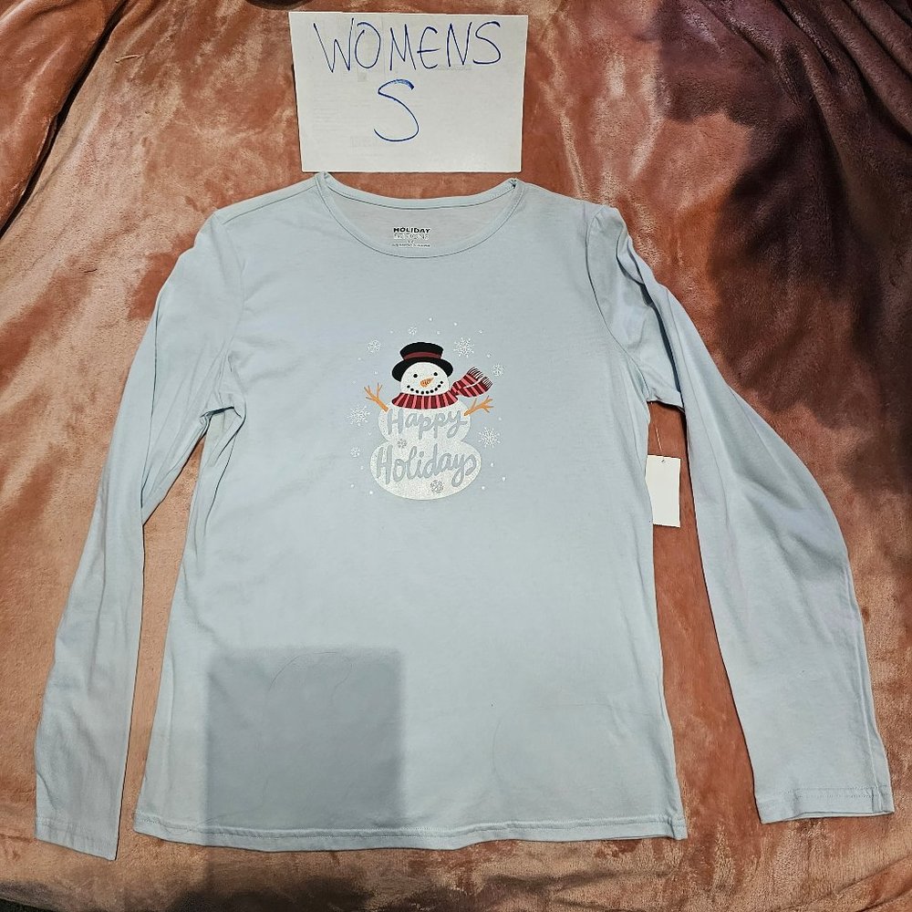 Womens S Holiday Editions Happy Holidays Glitter Snowman Long Sleeve Graphic Tee